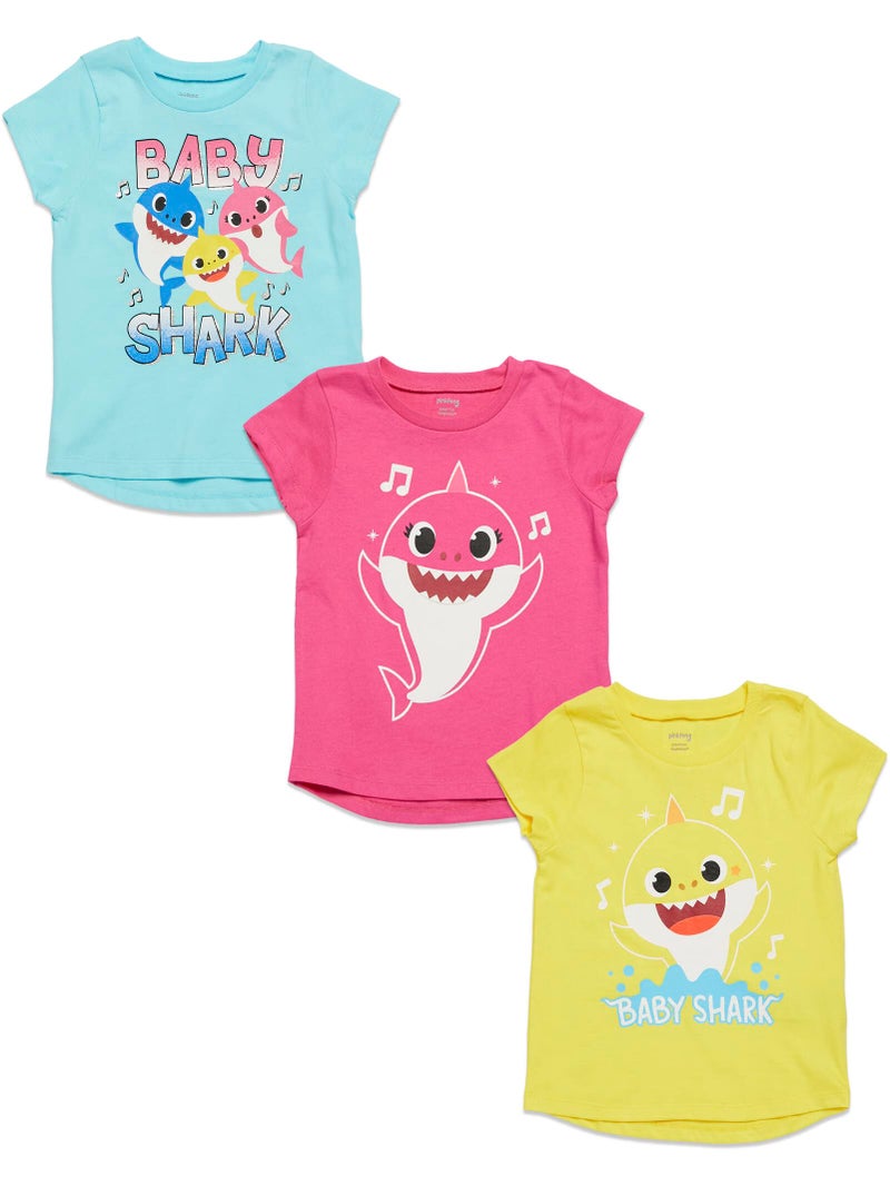 Pinkfong Baby Shark Infant Baby Girls 3 Pack T-Shirts Pink/Yellow/Blue 18 Months - Image 1